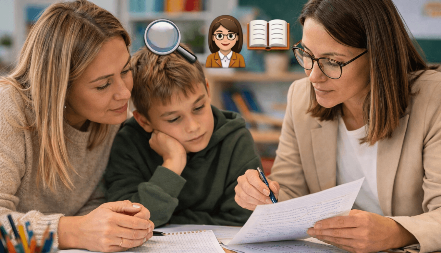Skolotāja klasē kopā ar māti un skolēnu apskata pārbaudes darbu, norādot uz labojumiem un pārrunājot skolēna sniegumu