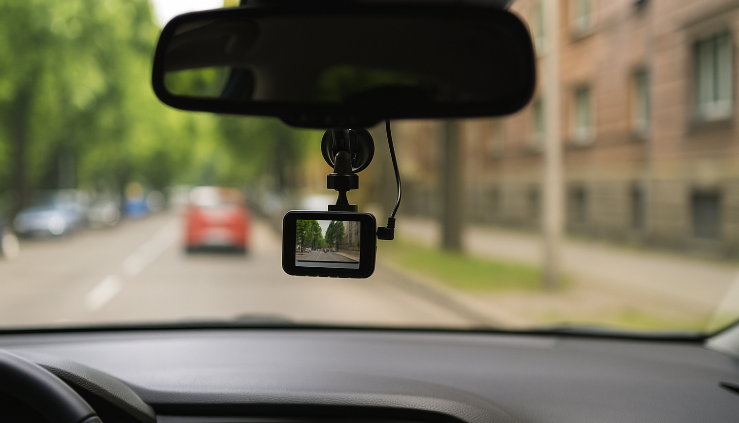 Skats no automašīnas salona uz ceļu caur priekšējo stiklu ar videoreģistratoru, kas filmē satiksmi pilsētā.