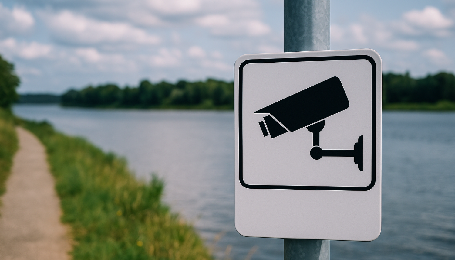 Videonovērošanas zīme uzstādīta tauvas joslā pie ūdensmalas takas, ar upi un apzaļumotu krastu fonā