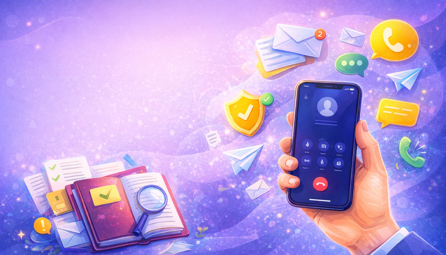 Digitāla ilustrācija, kurā redzama roka ar viedtālruni notiekoša telefona zvana laikā, fonā – dokumenti, atvērta grāmata, palielināmais stikls un dažādas saziņas ikonas, kas simbolizē telemārketingu, informācijas apmaiņu un personas datu aizsardzību.