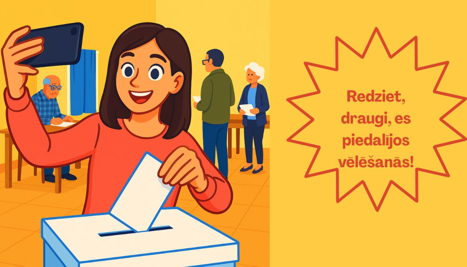 Meitene izdara savu izvēli vēlēšanās, met urnā lapiņu, taisa "selfiju", fonā redzami arī citi cilvēki