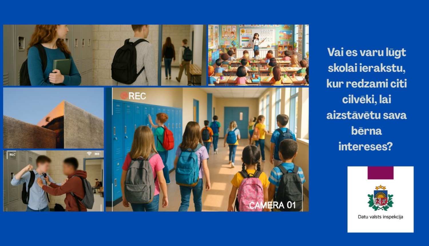 Vairāki attēli, kuros redzami bērni skolā dažādās situācijās. 