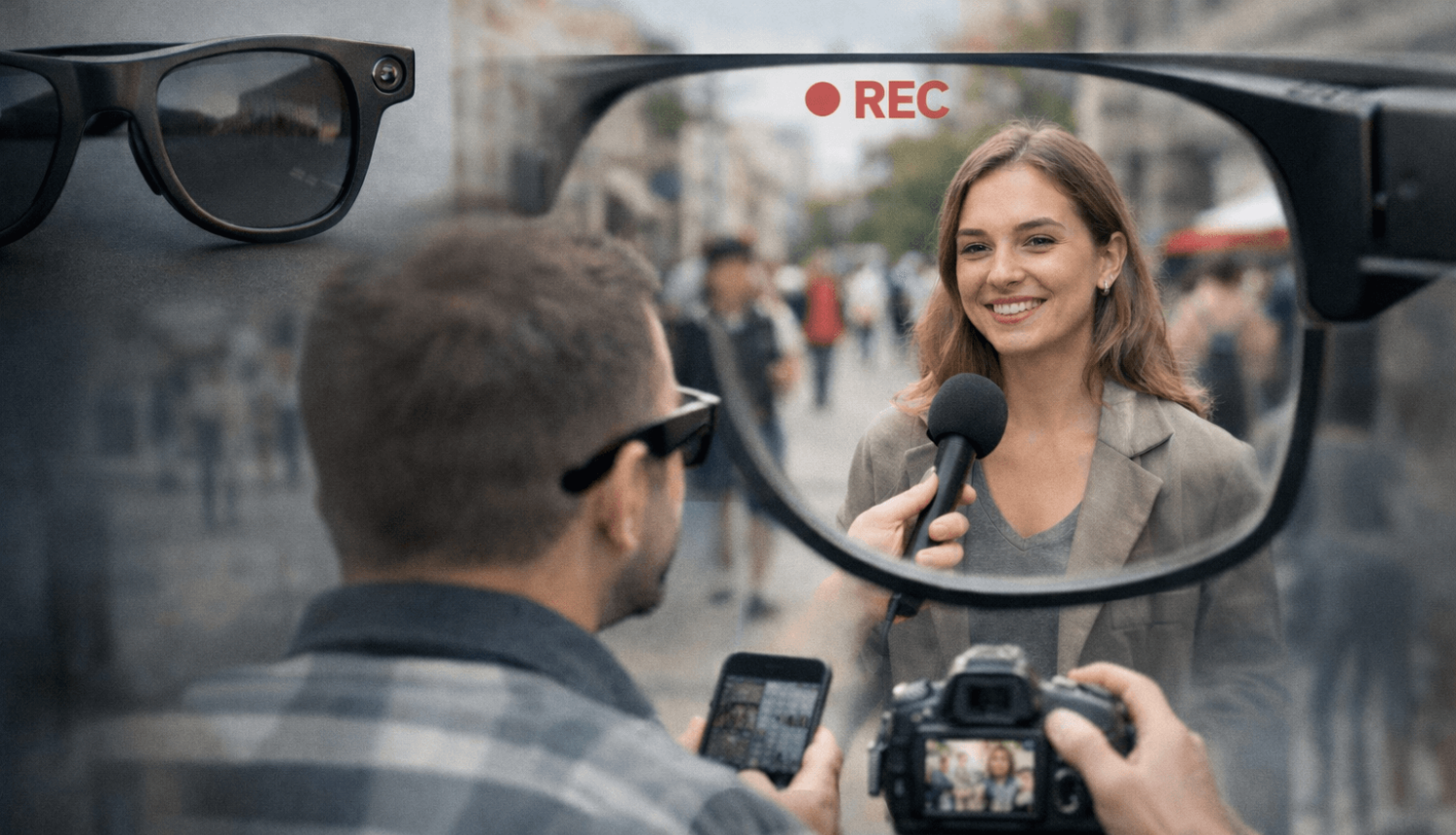 Cilvēks ar viedajām brillēm intervē sievieti uz ielas, kamēr apkārt redzami garāmgājēji; attēls ilustrē filmēšanu publiskā vietā no briļļu nēsātāja skatupunkta.