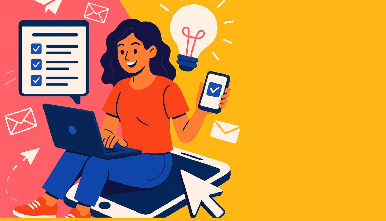 Sieviete ar datoru un telefonu rokā, fonā anketa, spuldze un e-pasta ikonas — aicinājums piedalīties aptaujā.