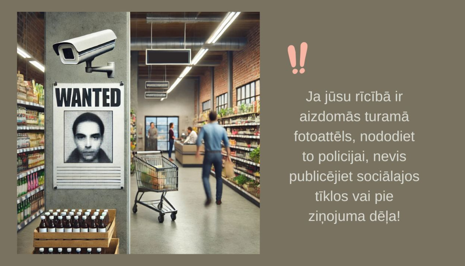 Pārtikas veikals, kur pie ziņojuma dēļa ir noziedzinieka foto