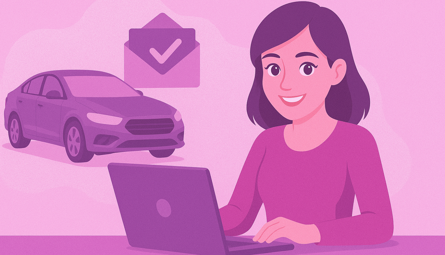 Jauna sieviete pie klēpjdatora, fonā auto un e-pasta ikona, viss rozīgos un lillā toņos