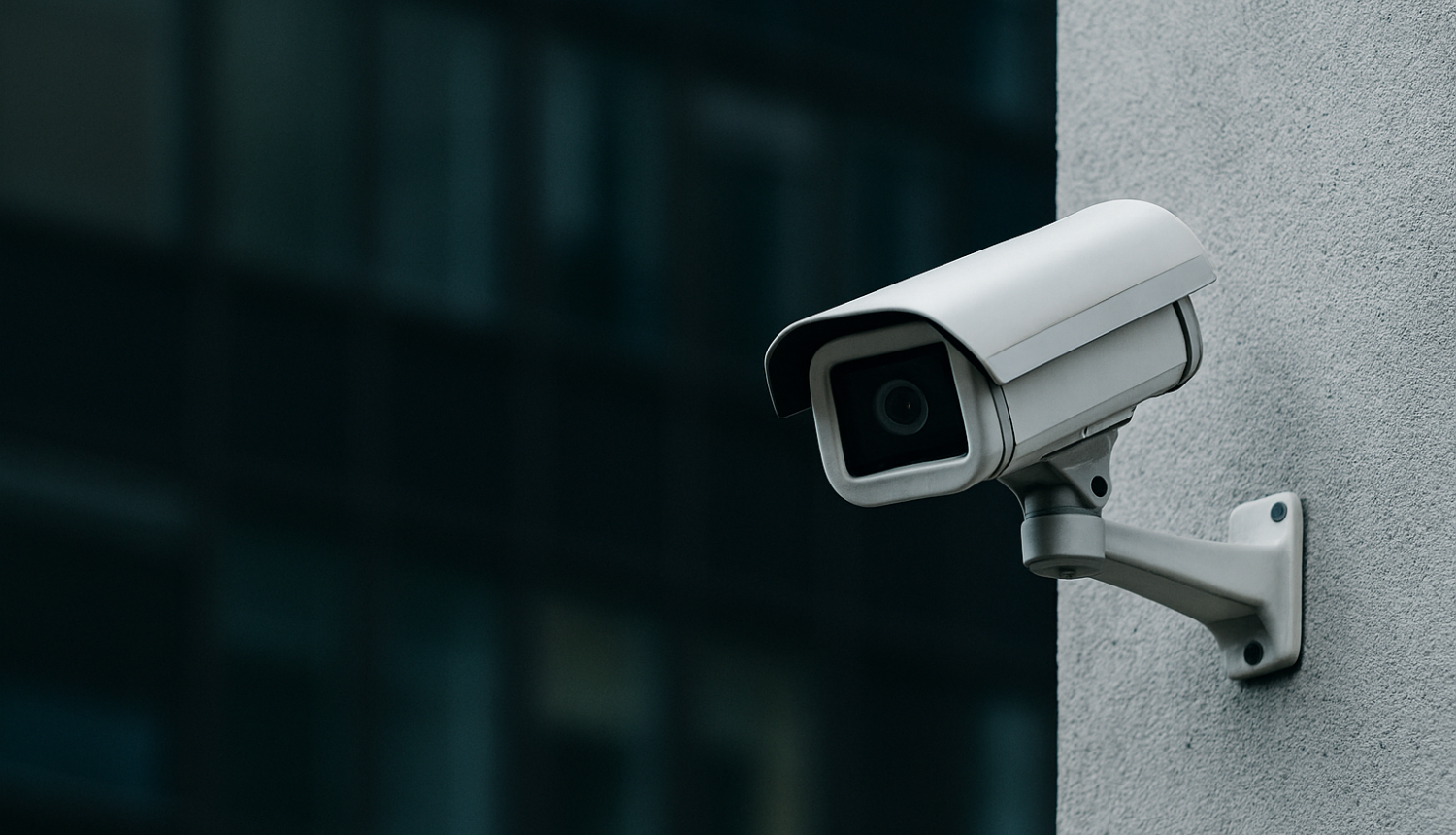 Videonovērošanas kamera uz ēkas sienas pilsētvidē.