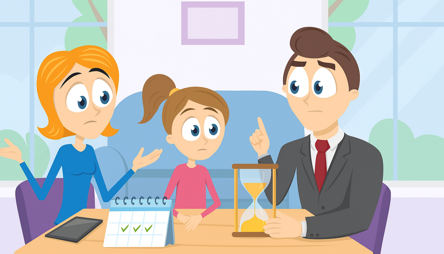 Ilustrācija ar trīs cilvēkiem pie galda – vīrieti uzvalkā ar smilšu pulksteni rokās, sievieti, kas rausta plecus, un bērnu. Uz galda redzams kalendārs un planšete. 