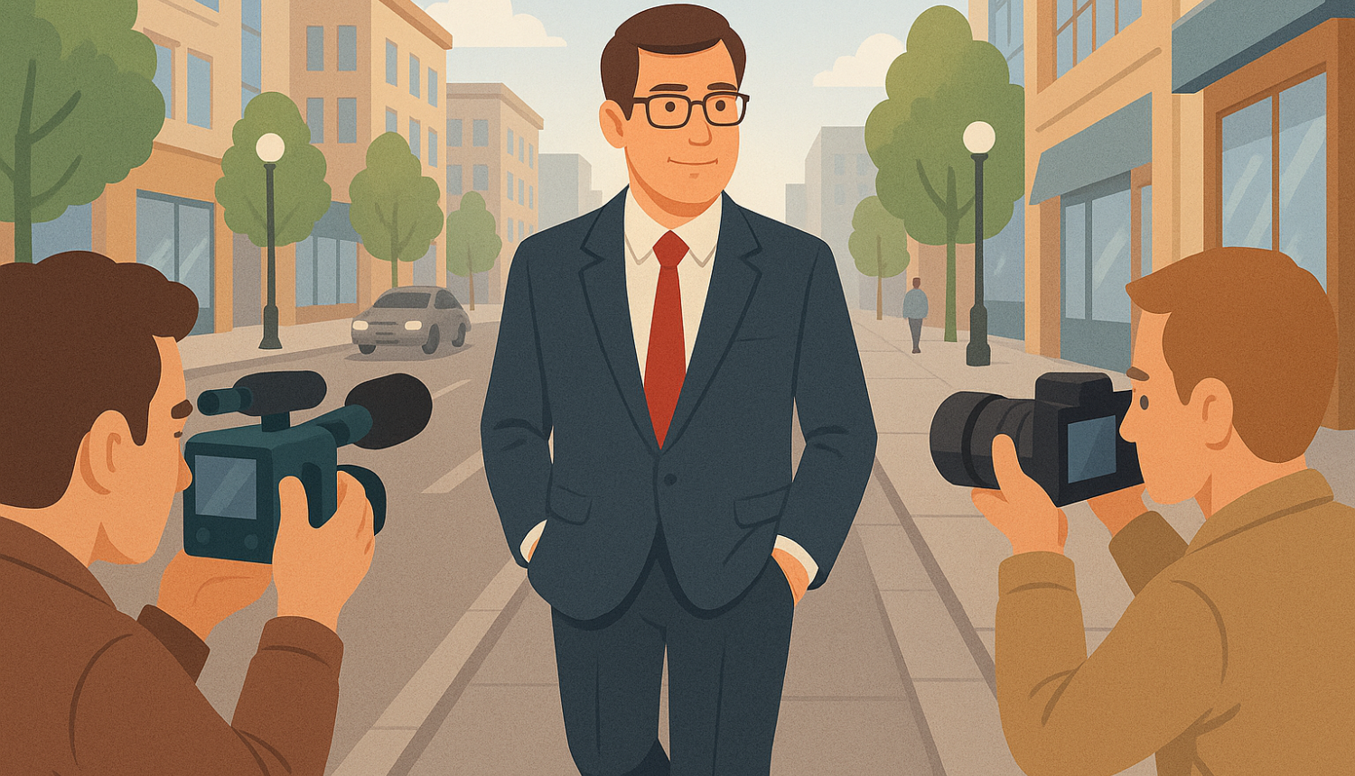 Amatpersona uzvalkā iet pa pilsētas ielu, kamēr divi cilvēki no abām pusēm viņu filmē un fotografē ar profesionālajām kamerām.