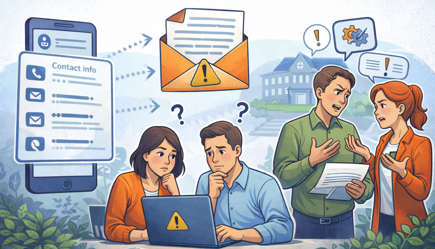 Ilustrācija, kurā redzami vecāki, kas ar bažām lasa e-pastu datorā, fonā skolas ēka un darbinieki, kas strīdas. Attēlā simboliski parādīta vecāku kontaktinformācijas izmantošana iekšēju konfliktu risināšanai skolā.