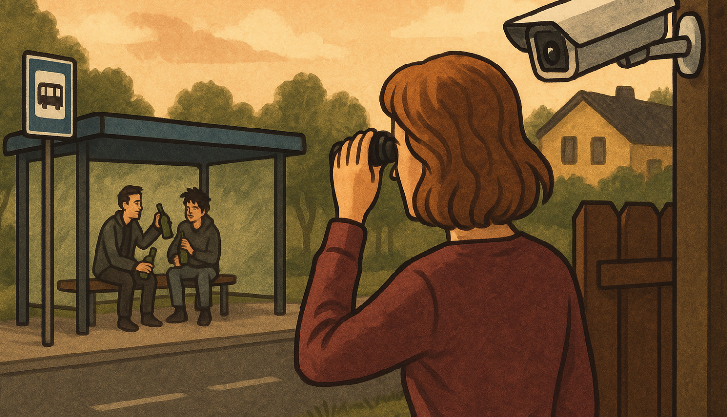 Sieviete savā pagalmā vēro autobusa pieturu, kur divi jaunieši sēž un dzer, kamēr pie mājas sienas uzstādītā videonovērošanas kamera ir vērsta ielas virzienā