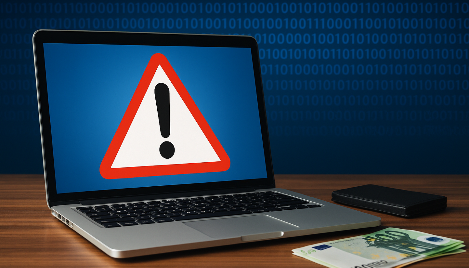 Klēpjdators ar brīdinājuma simbolu – sarkanu trijstūri ar izsaukuma zīmi –, kas simbolizē datu aizsardzības pārkāpumu