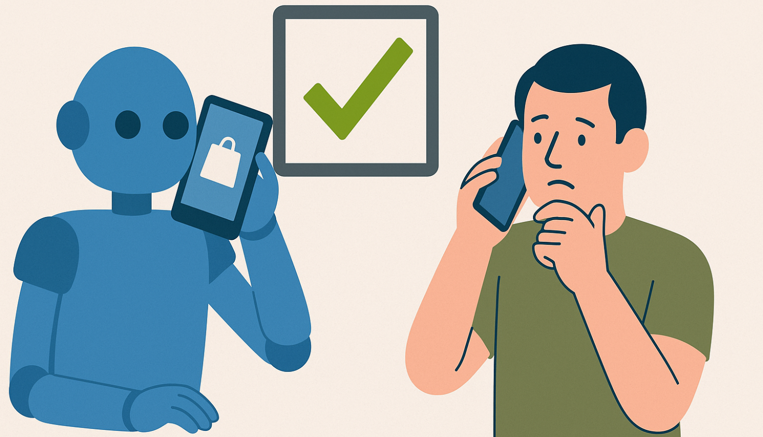Cilvēks runā pa telefonu ar robotu, starp viņiem redzams zaļš atzīmes simbols, kas norāda uz piekrišanu automatizētiem zvaniem.