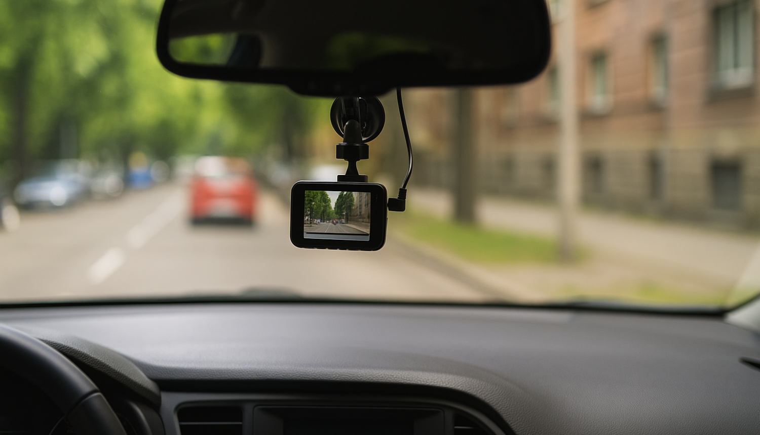 Skats no automašīnas salona uz ceļu caur priekšējo stiklu ar videoreģistratoru, kas filmē satiksmi pilsētā.
