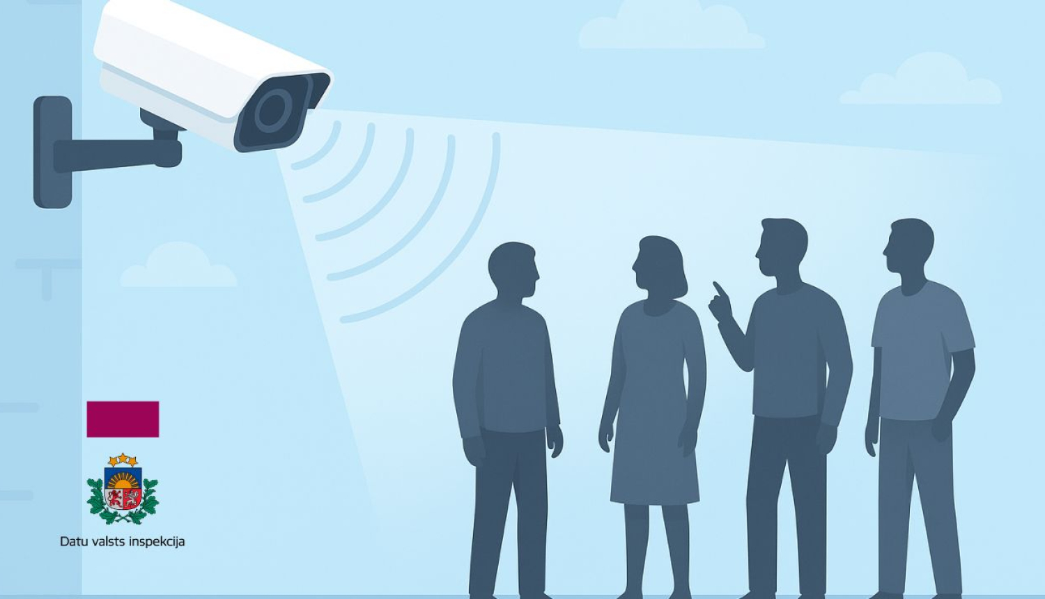 Uz sienas piestiprināta novērošanas kamera uztver gan attēlu, gan skaņu. Tās redzeslokā atrodas četri cilvēki siluetu veidā. Fons gaiši zils ar dažiem mākoņiem.