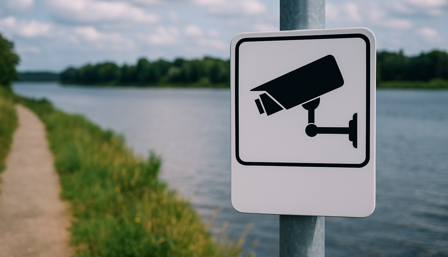 Videonovērošanas zīme uzstādīta tauvas joslā pie ūdensmalas takas, ar upi un apzaļumotu krastu fonā