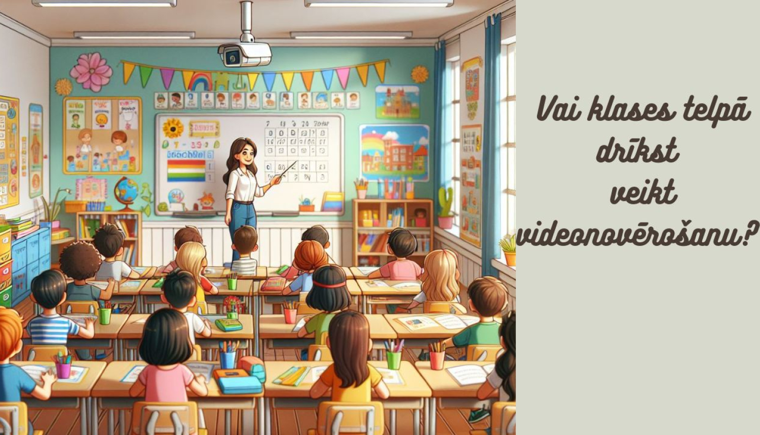 Klases telpa, kur sēž bērni. Redzama kamera.